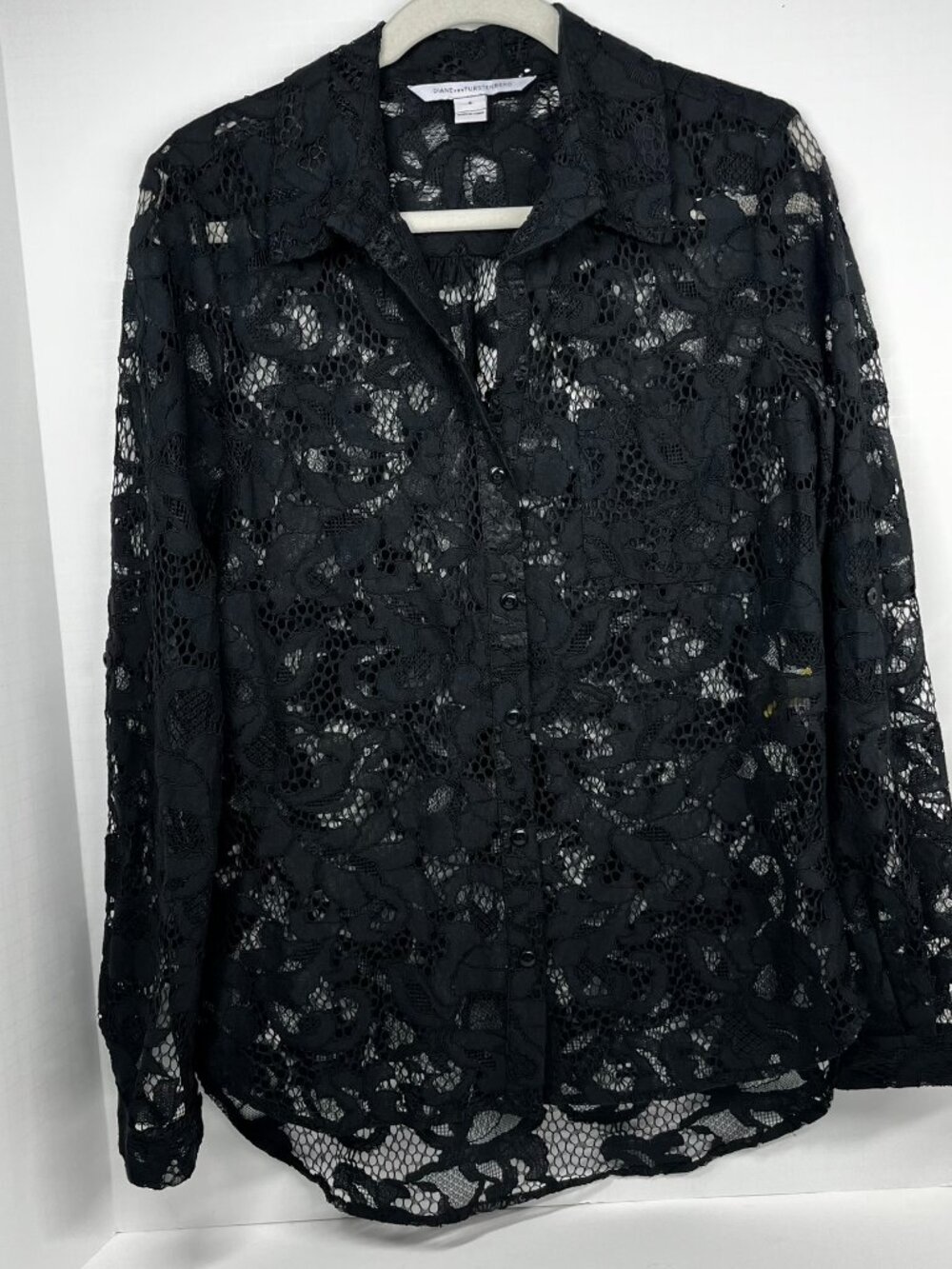 Diane Von Furstenburg Black Lace Crochet Collared Long sleeve Button Down, Sz. 8